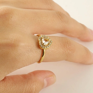 Elegante Anello A Forma Di Cuore Per Donna In Acciaio Inossidabile Placcato Oro 18K Con Zircone Incastonato Gioielli Regolabili Aperti