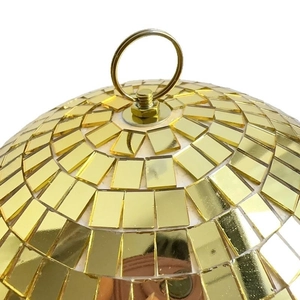 Golden mirror disco ball with hanging ring and reflective square tiles for party decor