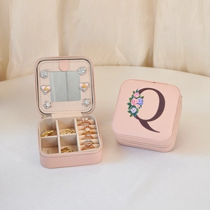 Pink PU leather jewelry organizer box with mirror, floral Q letter, and ring compartments