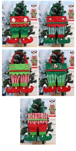 Detailed view of five festive Christmas elf pant candy bags with soft felt fabric handles