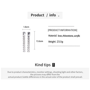 Detail specifications for long rhinestone tassel earrings with acrylic and iron material