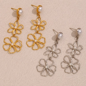 Boucles d'oreilles fleurs en acier inoxydable 316L plaqué or 18K et argent avec perles