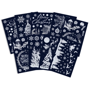 Set of 8 Christmas static window clings featuring white snowflake and reindeer designs