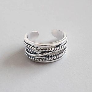 Vintage silver multi-layer intertwined open ring with twisted rope texture for women