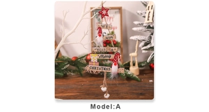 Close-up of wooden Christmas gnome hanging ornament with rustic bells and jute rope