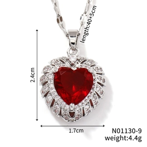 Elegant silver heart necklace with red zircon stone and size dimensions displayed