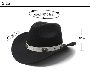 Detail of black western cowboy hat with white leather band and metallic studs
