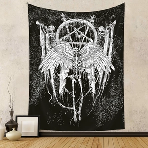 Gothic Angel of Death wall tapestry with winged skeleton and pentagram on black fabric
