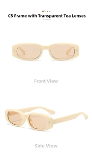Close-up of beige rectangular sunglasses with brown lenses and diamond metal hinge details