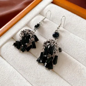 Bohemian vintage silver earrings with black crystal tassels in luxury display box