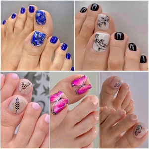 Collage of five styles of press-on toe nails with marble and floral patterns