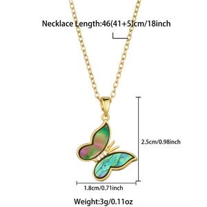 Detailed view of 46cm gold butterfly necklace with gradient abalone shell pendant size specs