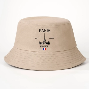 Khaki cotton bucket hat featuring Paris Eiffel Tower print for outdoor sun protection
