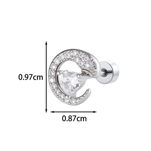 Silver heart zircon moon stud earring dimensions 0.97cm by 0.87cm with screw back
