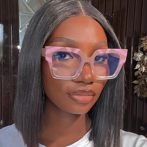 Fashionable oversized square blue light glasses with pink striped geometric frames