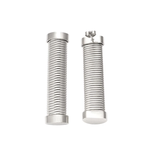 Detail shot of industrial threaded stainless steel cylinder earrings in silver finish