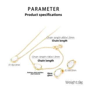 Dimensions détaillées de l'ensemble collier bracelet et boucles d'oreilles dorés avec cristaux