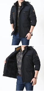 Detail of men's winter hooded parka showing black fleece lining and warm padded texture