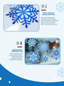 Macro shot of blue laser-cut snowflake window sticker showing iridescent reflective edges