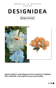 Detail view of enamel peony brooch with orange petals, central pearl and rhinestone accents