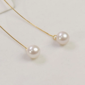 Elegant S925 silver long threader earrings with round white freshwater pearls for women