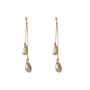 Elegant gold drop fringe earrings with iridescent water droplet pendants for women