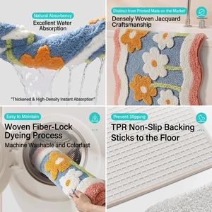 Absorbent floral bathroom mat with TPR non-slip backing and machine washable jacquard fabric