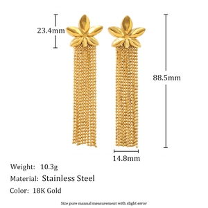 Gold stainless steel flower earrings with pearl tassels and size dimensions shown