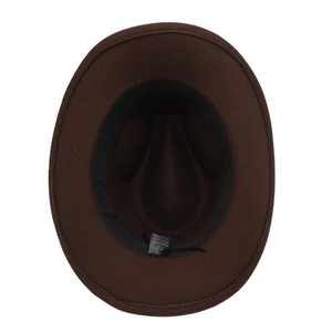 Detailed interior view of a brown felt fedora hat showing black sweatband and label