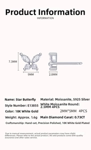 Detailed technical infographic of S925 silver butterfly earrings with moissanite stones