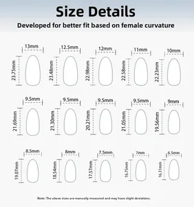 Size chart showing width and length in mm for 15 almond-shaped press-on nail sizes