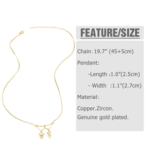 Detail showing gold plated heart necklace with zircon inlay and dimensions specification