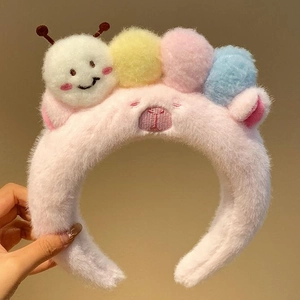 Serre-tête en peluche rose avec chenille et pompons colorés en tissu doux et confortable