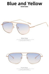 Front and side views of double-bridge aviator sunglasses with blue-yellow gradient lenses