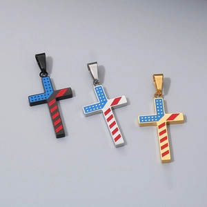 Three titanium steel cross pendants featuring American flag patterns in black silver and gold