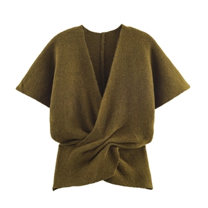 Pull Châle En Tricot Pour Femmes Col En V Nœud Torsadé Devant Manches Courtes Vert Olive Acrylique Polyester Décontracté