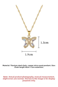 Detailed view of titanium steel gold butterfly necklace set with shimmering zircons