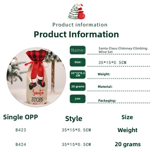 Linen wine bottle cover featuring Santa Claus legs and red black plaid drawstring closure