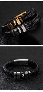 Détail d'un bracelet en cuir tressé avec des fermoirs magnétiques polis en or et argent