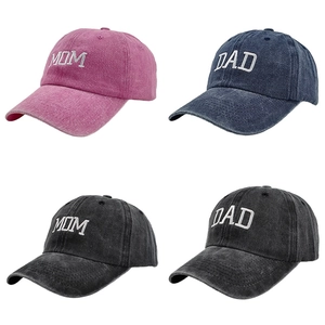 Vintage washed cotton baseball caps with MOM and DAD embroidery in four distinct colors
