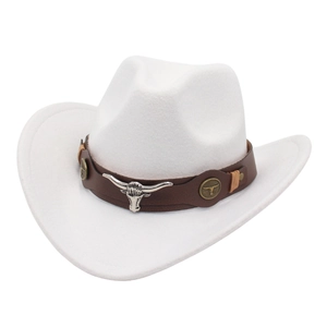 White western cowboy felt hat with brown leather band and silver bull head ornament