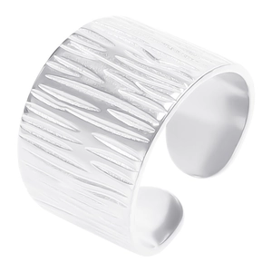 Close-up of wide silver open ring featuring unique irregular tree bark texture