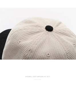 Detail of beige corduroy baseball cap texture with black button and vintage text