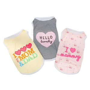 Three-piece dog vest set featuring yellow, striped, and floral patterns for small pets