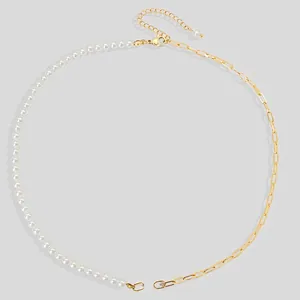 Asymmetric Spliced Necklace Stainless Steel 14K Gold Plated Artificial Pearl Paperclip Chain Retro Minimalist For Women