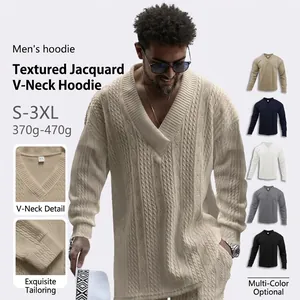 Men's casual V-neck knit shirt with vintage textured jacquard long sleeves and a loose fit