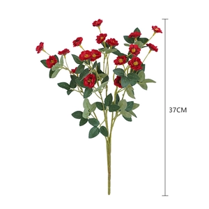 Artificial red rose bouquet with 15 blooming heads and green leaves, 37cm height decor