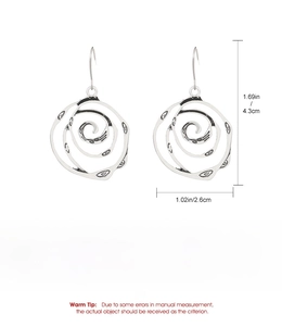 Boucles d'oreilles tourbillon en alliage argenté avec détails des dimensions précises