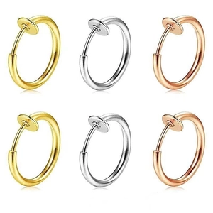 Set of 6 stainless steel clip-on nose rings in gold, silver, and rose gold finishes