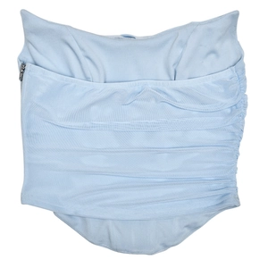 Detail of light blue bandeau top featuring pleated fabric and side metal zipper